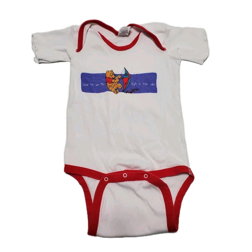 Vintage 80s Disney Winnie the Pooh Baby Bodysuit "Look at me fly" Red Trim 2T